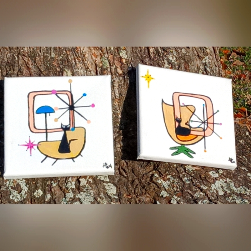 Set of 2 6x6 Mid-century Inspired Stretched Canvas Original Paintings
